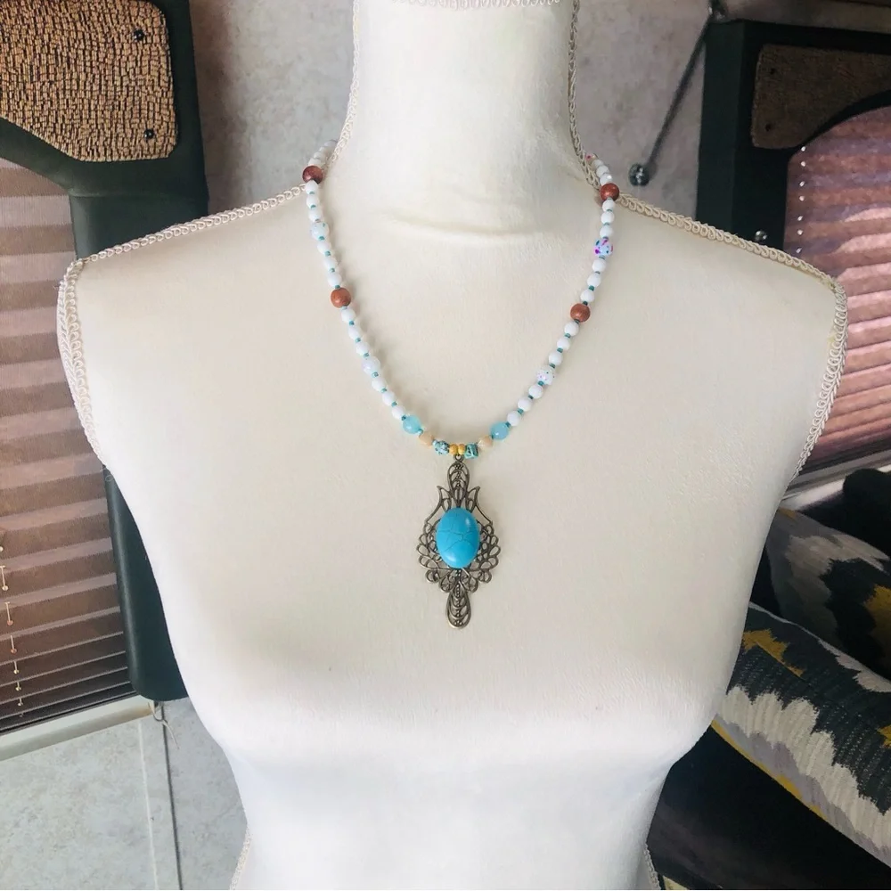 Handcrafted large howlite filigree pendant beaded necklace